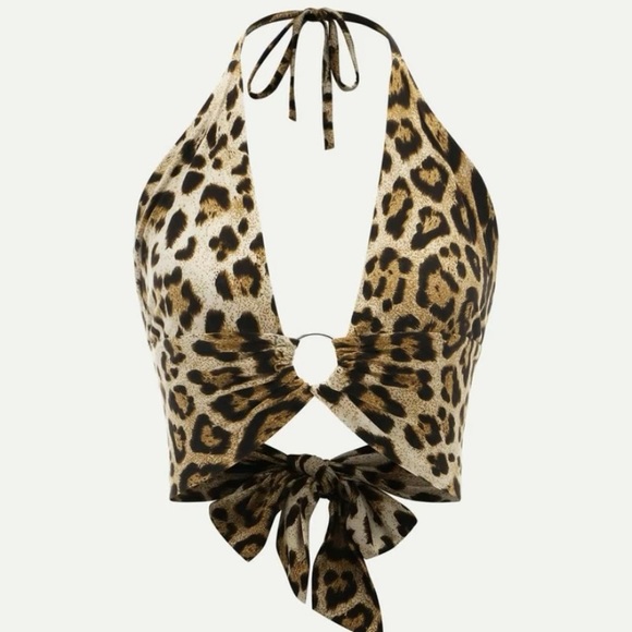 SHEIN Leopard Plunge halter tie back top beautiful with jeans or shorts!… - Picture 2 of 9